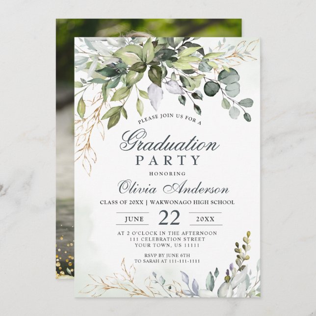 Invitation Aquarelle Eucalyptus Verdure PHOTO Graduation (Devant / Derrière)