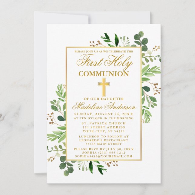 Invitation Aquarelle Eucalyptus Verdure Première communion (Devant)