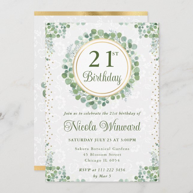 Invitation Aquarelle Eucalyptus Verdure Wreath Anniversaire (Devant / Derrière)