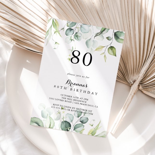 Invitation Aquarelle Eucalyptus Vert 80e fête d'anniversaire (Créateur téléchargé)