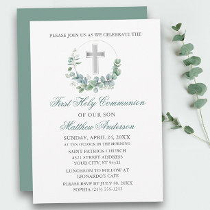Invitation Aquarelle Eucalyptus Vert Argent Première communio
