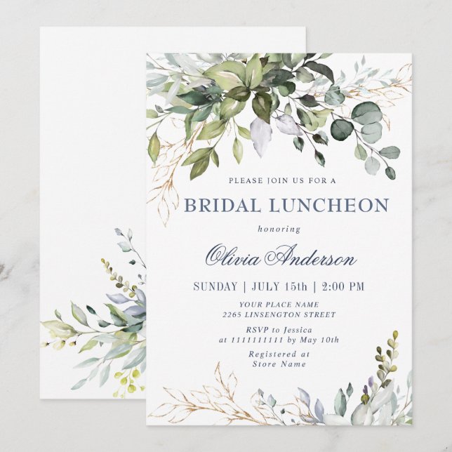 Invitation Aquarelle Eucalyptus Vert BRIDAL LUNCHEON (Devant / Derrière)
