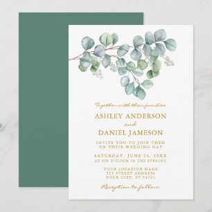 Invitation Aquarelle Eucalyptus Vert Mariage Or
