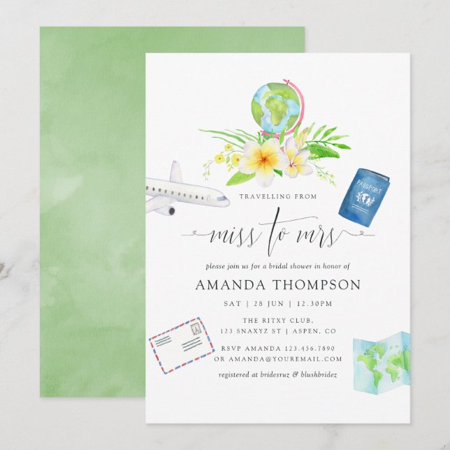 Invitation Aquarelle Exotique De Miss À Mme Fête des mariées (Devant / Derrière)