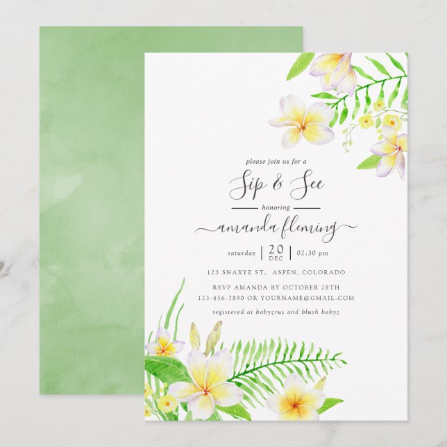 Invitation Aquarelle exotique Frangipani Sip Floral Voir (Devant / Derrière)