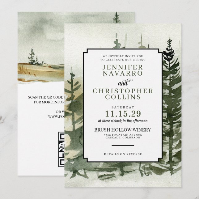 Invitation Aquarelle extérieure avec Mariage de code QR (Devant / Derrière)