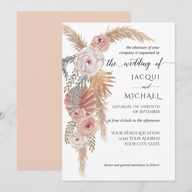 Invitation Aquarelle Faded Floral BOHO Pampas Grass Folithe (Devant / Derrière)