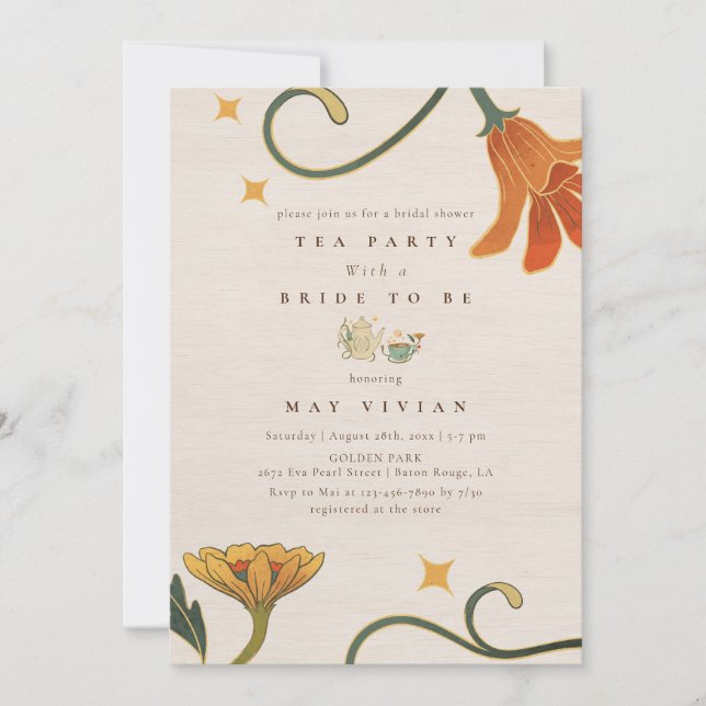 Invitation Aquarelle Faecore fleurie Tea Party Fête des marié (Devant)