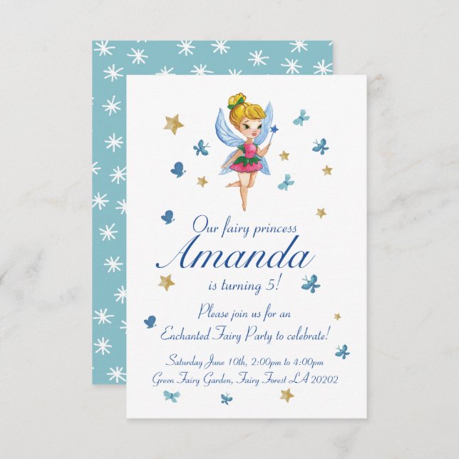 Invitation Aquarelle Fairy Tale Princess Butterfly Anniversai (Devant / Derrière)