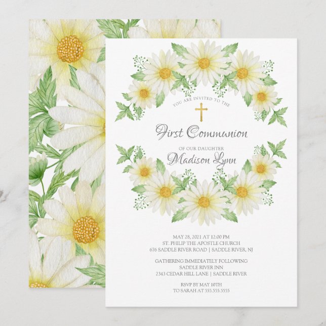 Invitation Aquarelle Faisy Communion Florale (Devant / Derrière)