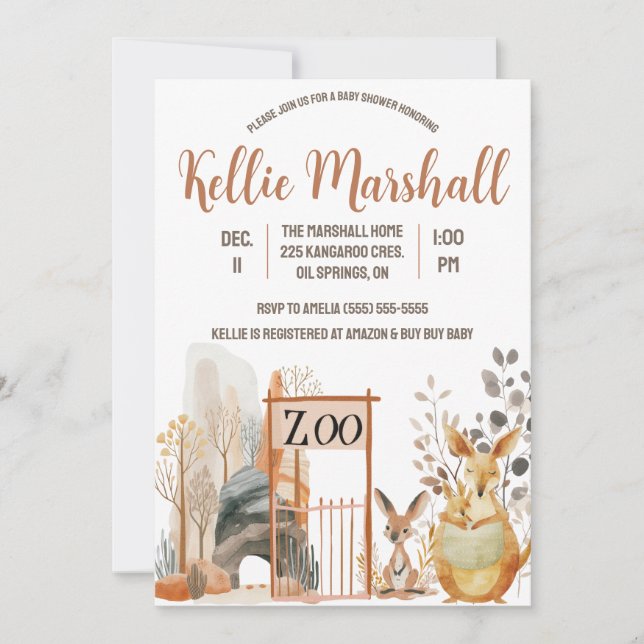 Invitation Aquarelle Famille Kangaroo, Zoo, Baby shower (Devant)