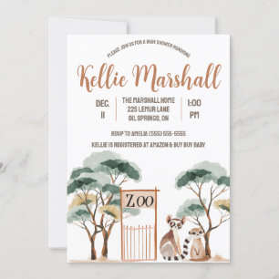 Invitation Aquarelle Famille Lemur, Zoo, Baby shower