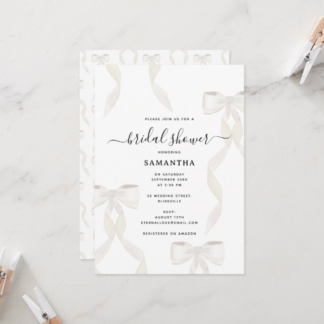 Invitation Aquarelle fantaisie Blanc Bow Fête des mariées off (Devant/Arrière en situation)