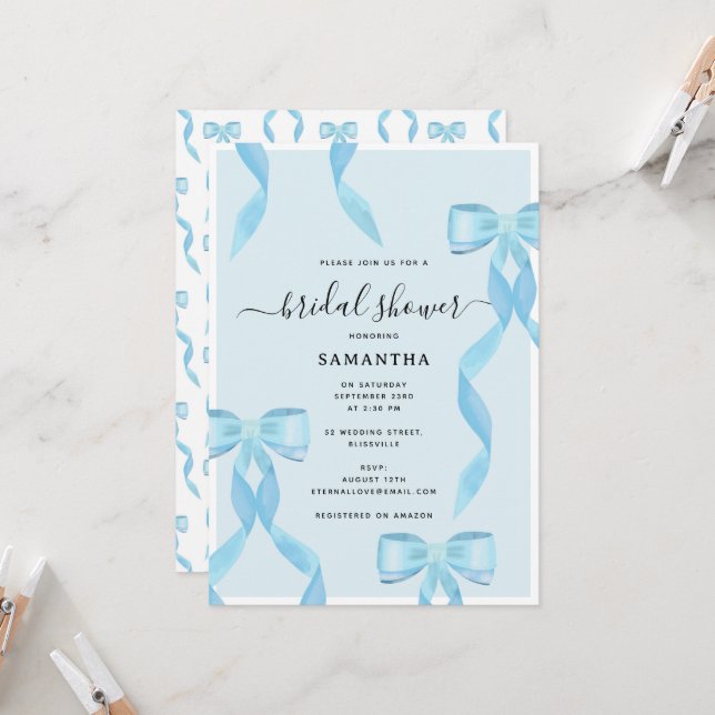 Invitation Aquarelle fantaisie Bleu Bow Fête des mariées offi (Devant/Arrière en situation)