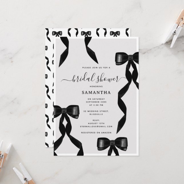 Invitation Aquarelle fantaisie Bow noir Fête des mariées offi (Devant/Arrière en situation)