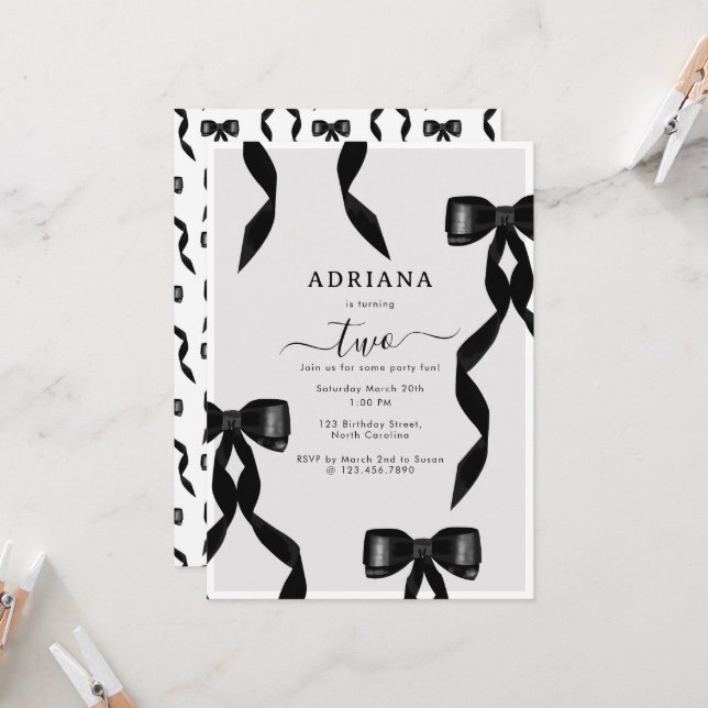 Invitation Aquarelle fantaisie Noir Bow Anniversaire de enfan (Devant/Arrière en situation)