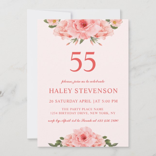 Invitation Aquarelle féminine Coral Chic Floral 55 Anniversai (Devant)