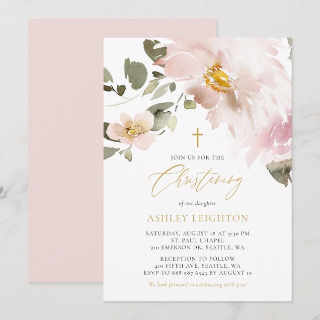 Invitation Aquarelle féminine Fleurs de Blush Fille Christeni (Devant / Derrière)