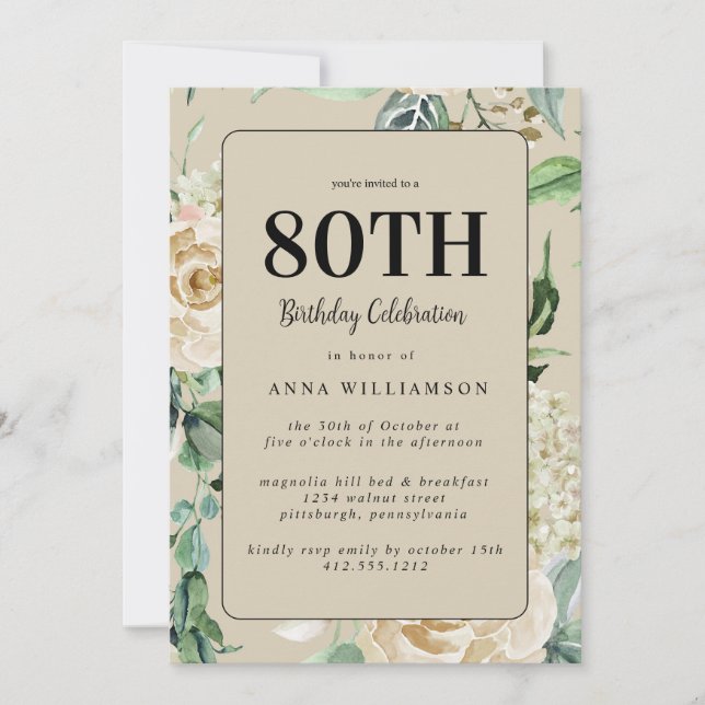 Invitation Aquarelle féminine Floral 80e fête d'anniversaire (Devant)