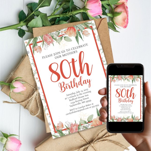 Invitation Aquarelle féminine Floral 80e fête d'anniversaire (Feminine Watercolor Floral 80th Birthday Party Invitation
)