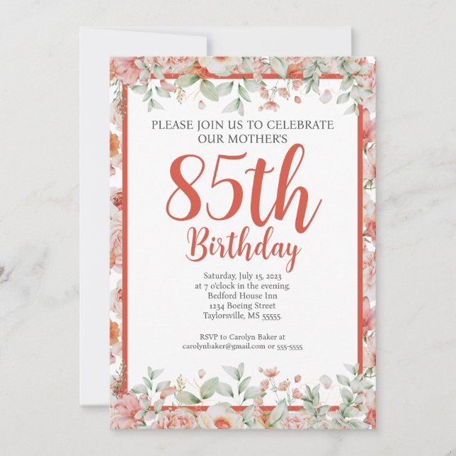 Invitation Aquarelle féminine Floral 85e fête d'anniversaire (Devant)