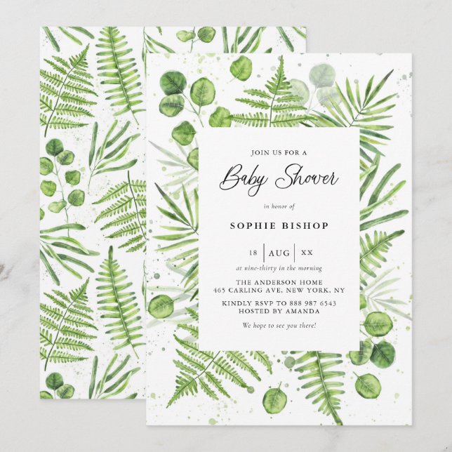Invitation Aquarelle Fermes et Baby shower de cadre Eucalyptu (Devant / Derrière)