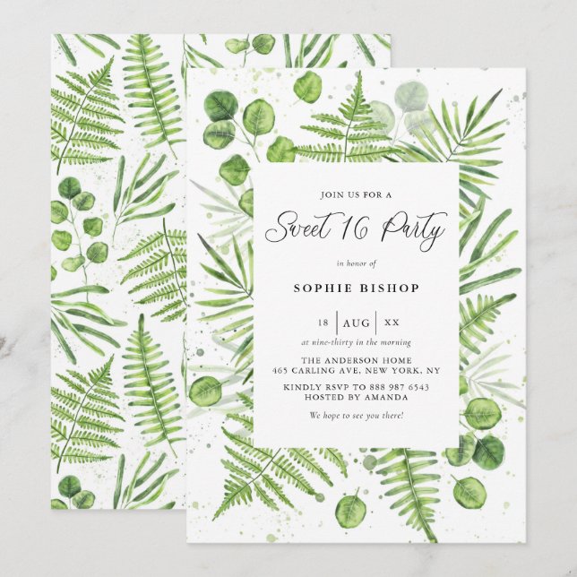 Invitation Aquarelle Ferns & Eucalyptus Frame Sweet 16 Party (Devant / Derrière)
