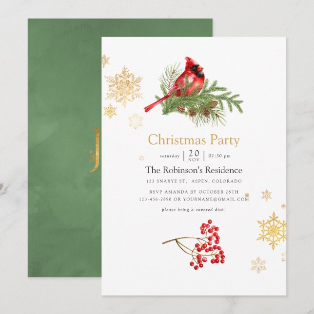 Invitation Aquarelle Fête de Noël des oiseaux des bois (Devant / Derrière)