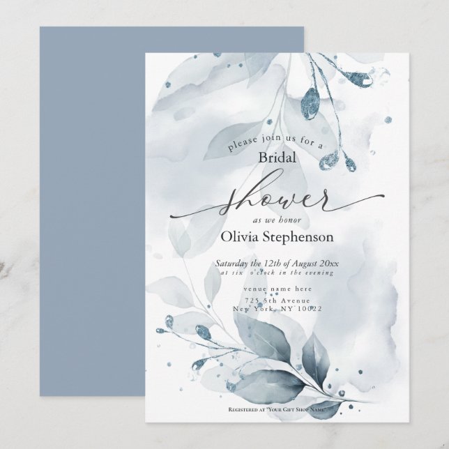 Invitation Aquarelle Fête des mariées Bleu rustique (Devant / Derrière)