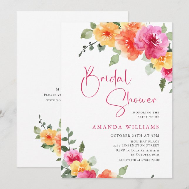 Invitation Aquarelle Fête des mariées de fleurs orange rose v (Devant / Derrière)