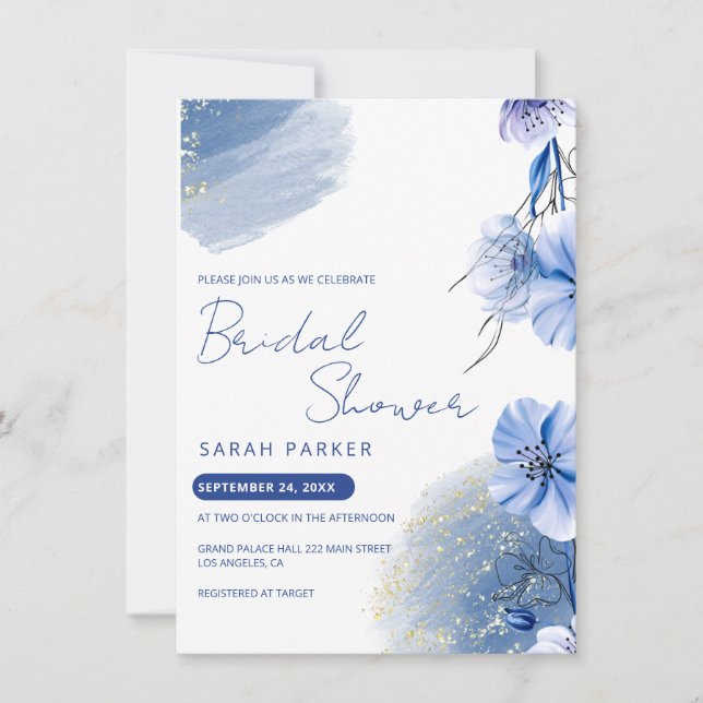 Invitation Aquarelle Fête des mariées Fleurs Bleues (Devant)