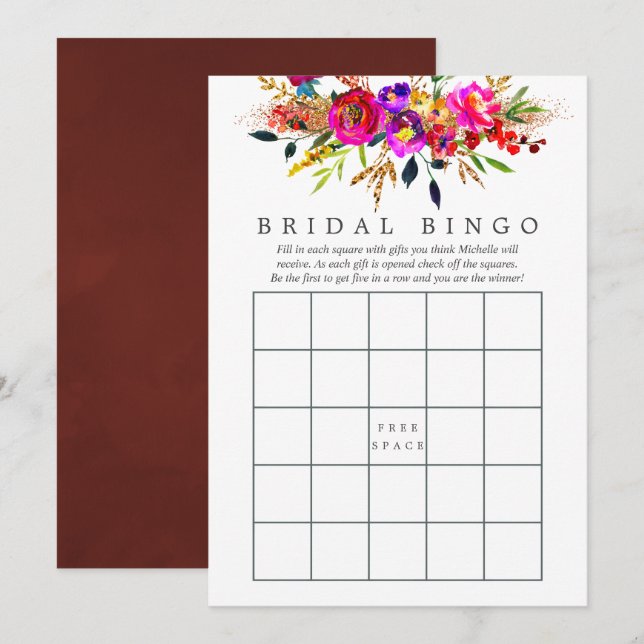Invitation Aquarelle Fête des mariées florale Bingo (Devant / Derrière)