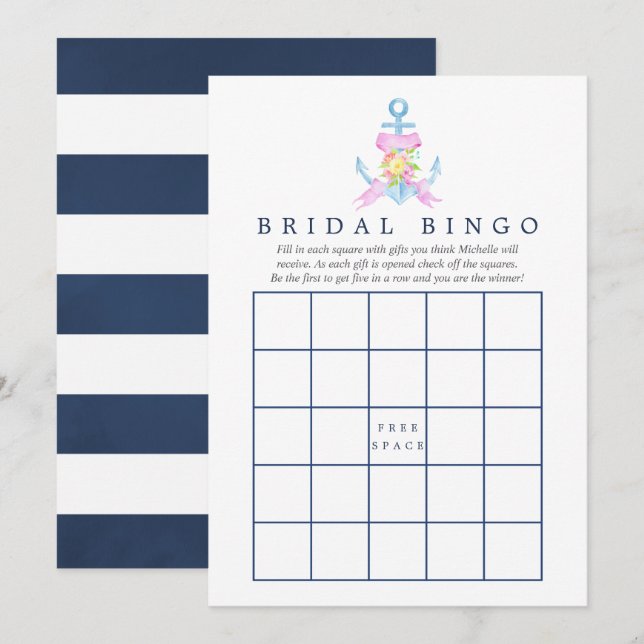 Invitation Aquarelle Fête des mariées florale marine Bingo (Devant / Derrière)