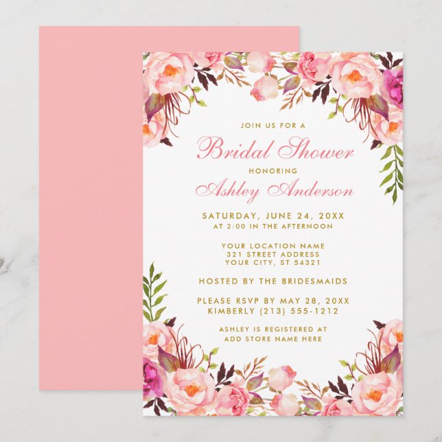 Invitation Aquarelle Fête des mariées florale rose et or (Devant / Derrière)