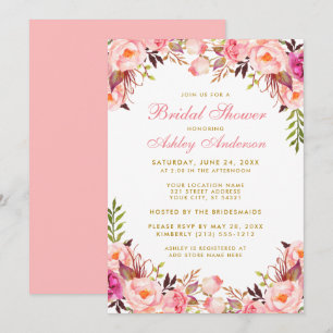 Invitation Aquarelle Fête des mariées florale rose et or