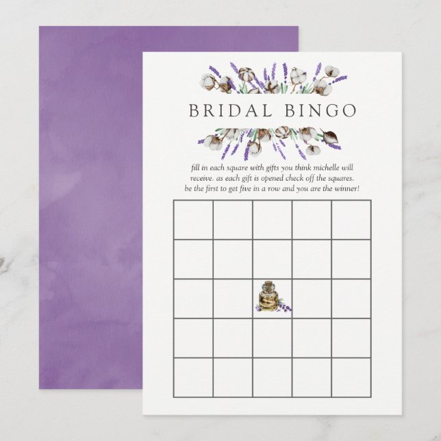 Invitation Aquarelle Fête des mariées Lavande de Coton Bingo (Devant / Derrière)