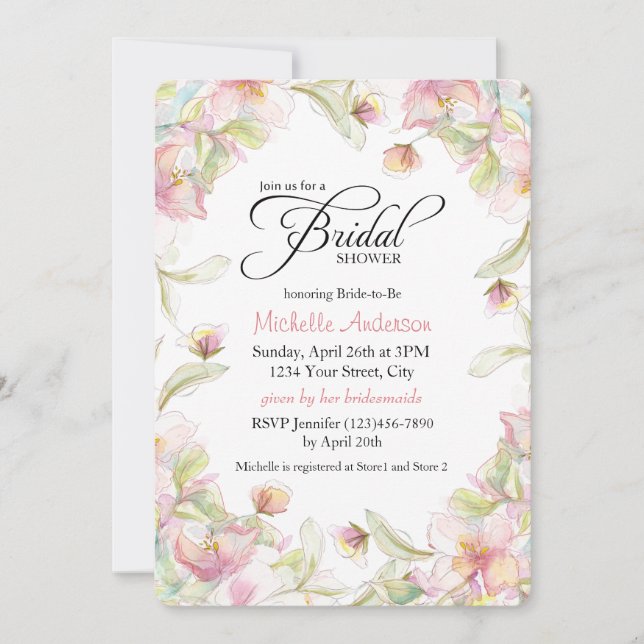 Invitation Aquarelle Fête des mariées Pastel Cadre Floral (Devant)