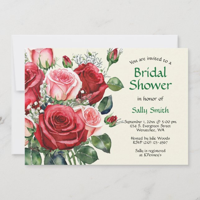 Invitation Aquarelle Fête des mariées Roses rouges et roses (Devant)