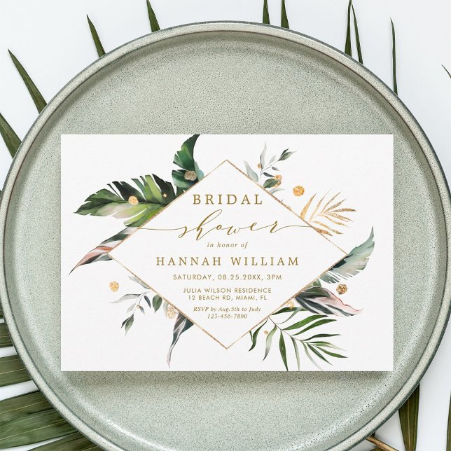 Invitation Aquarelle Fête des mariées Tropical Foliage Or (Créateur téléchargé)