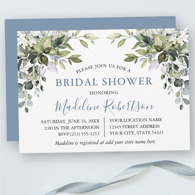 Invitation Aquarelle Fête des mariées verdoyante Dusty Blue (Customize to change text color, text style or color of back of card.)