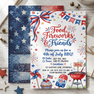 Invitation Aquarelle Feu d'artifice de nourriture BBQ 4 juill