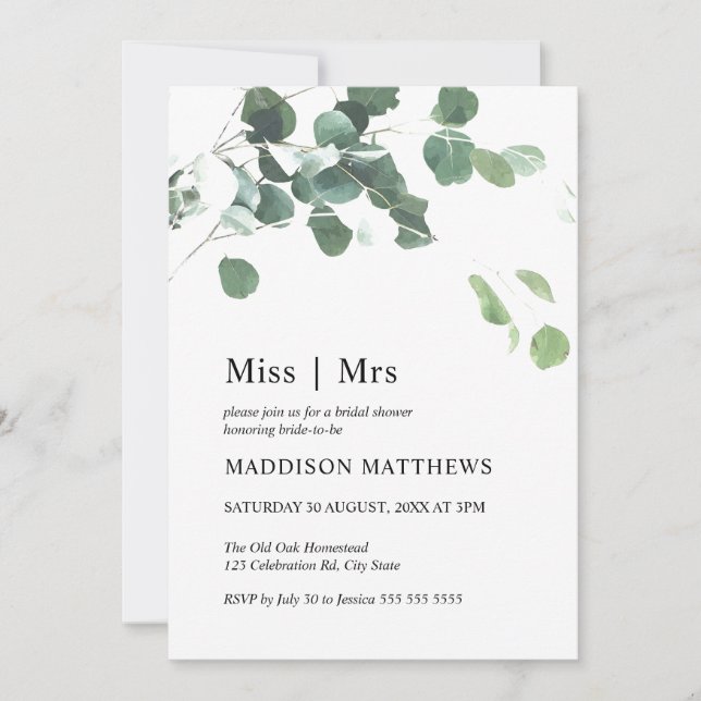 Invitation Aquarelle Feuille Botanique Mlle Mme Fête des mari (Devant)