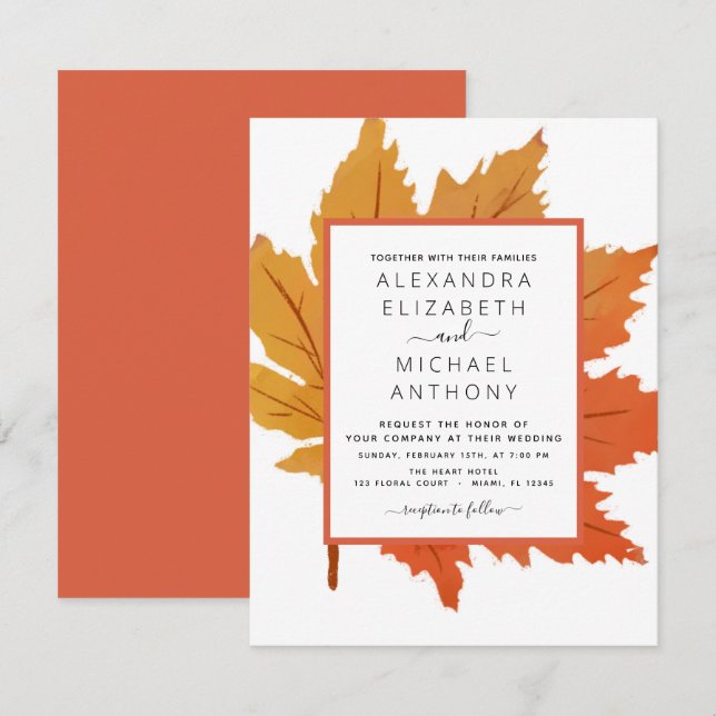 Invitation Aquarelle Feuille d'automne Orange Brown (Devant / Derrière)