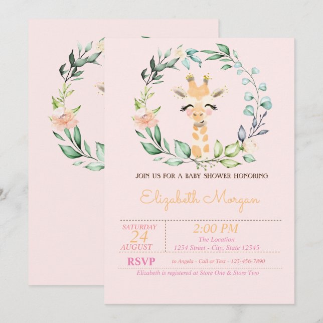 Invitation Aquarelle Feuille Fleur Baby Baby shower Giraffe  (Devant / Derrière)