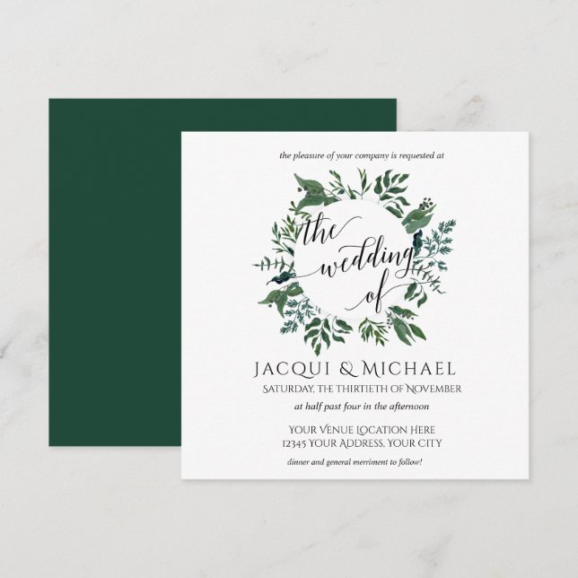 Invitation Aquarelle Feuille Mariage de la forêt | CARRÉ (Devant / Derrière)