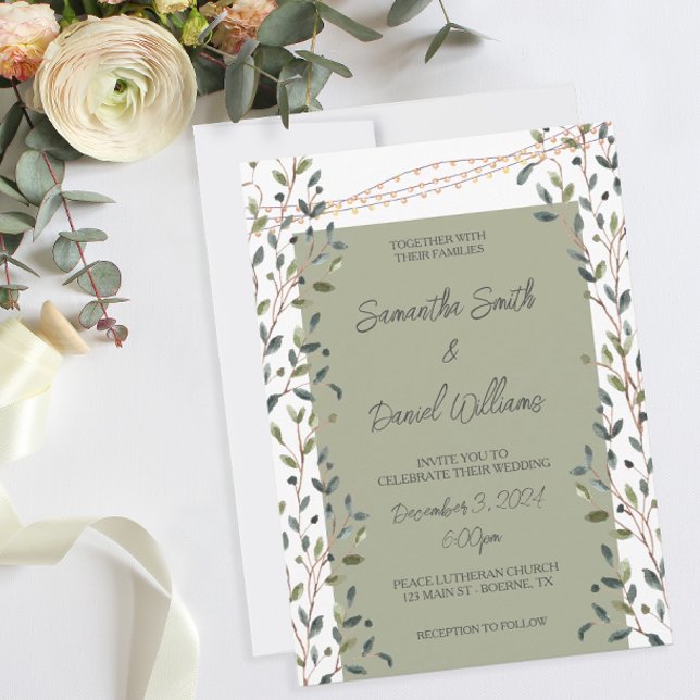 Invitation Aquarelle Feuille Mariage de verdure (A botanical themed wedding invitation in moss green.)