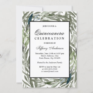 Invitation Aquarelle Feuille verte Bordure Quinceanera Invita