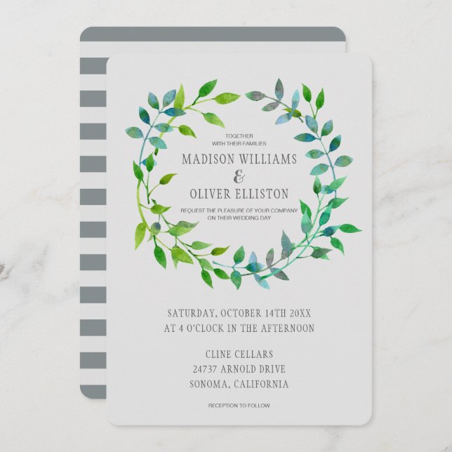 Invitation Aquarelle Feuille verte | MARIAGE (Devant / Derrière)