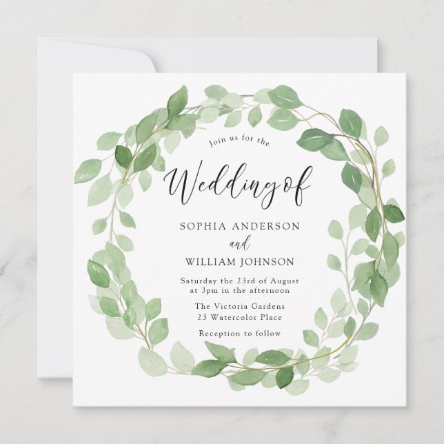 Invitation Aquarelle Feuille verte Wreath Mariage élégant (Devant)
