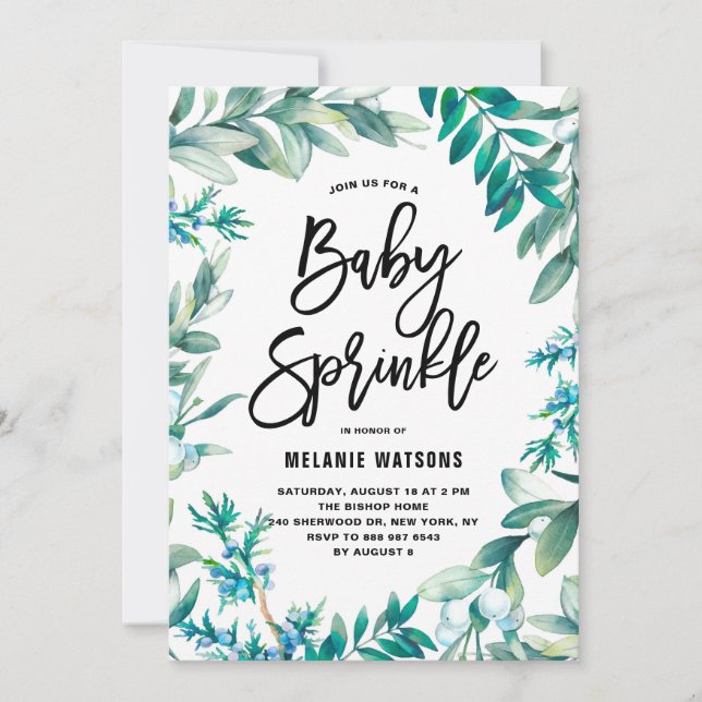 Invitation Aquarelle Feuilles & Berries Wreath Baby Sprinky (Devant)